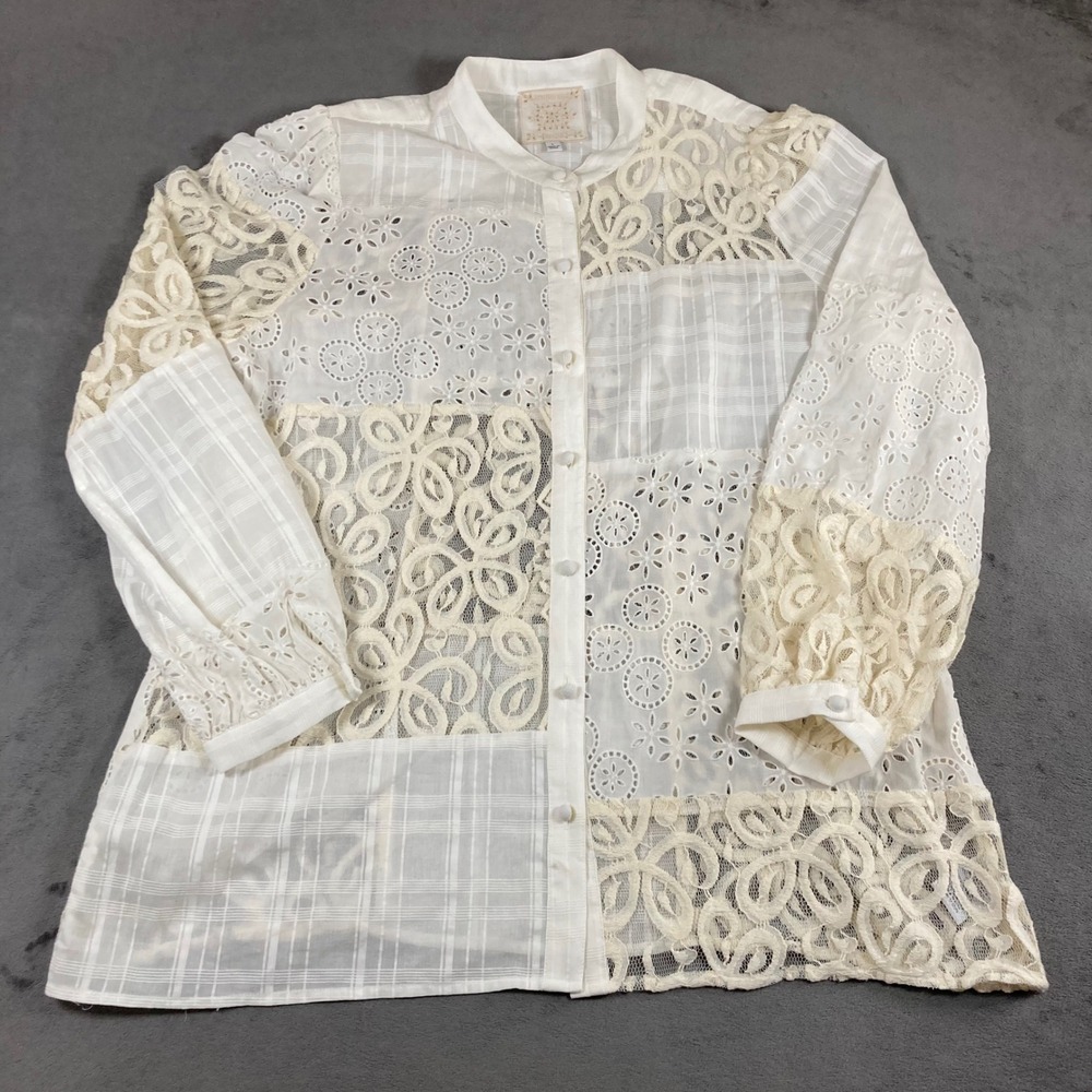 Johnny Was Jade White Patchwork Eyelet Lace Button Front Blouse L
